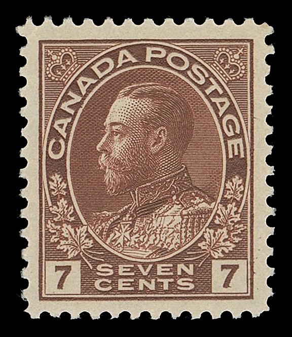 CANADA -  8 KING GEORGE V  114b, iv,A very well centered mint single with deep rich colour, shows the diagonal line in "V" of "SEVEN" variety (from Plate 7), full immaculate original gum, VF+ NH