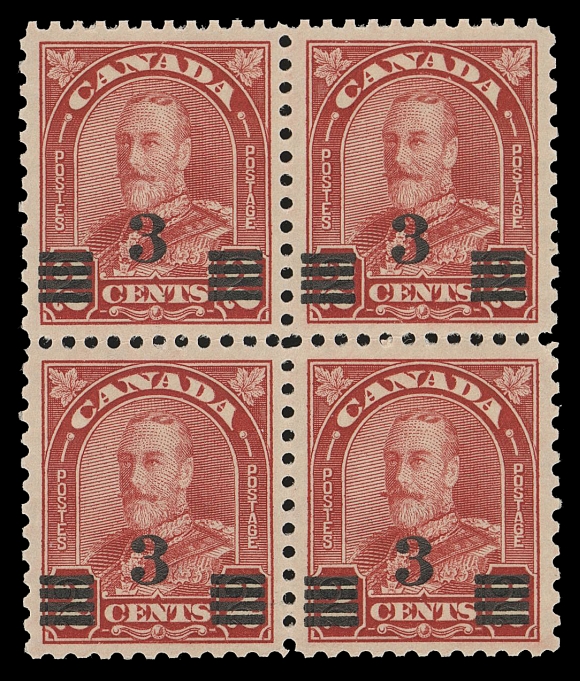 CANADA -  8 KING GEORGE V  191i,Mint block with the elusive "Extended Moustache" variety (Plate 8, LR pane, Position 65) at lower right, VF NH