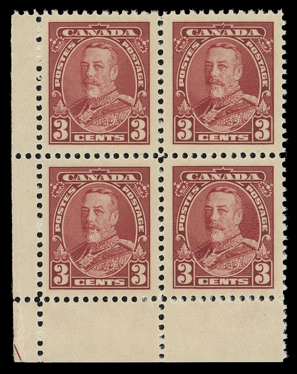 CANADA -  8 KING GEORGE V  219c,A fabulous mint corner margin block of the PRINTED ON GUM SIDE ERROR, unusually well centered for this; a rarely seen multiple, VF NH