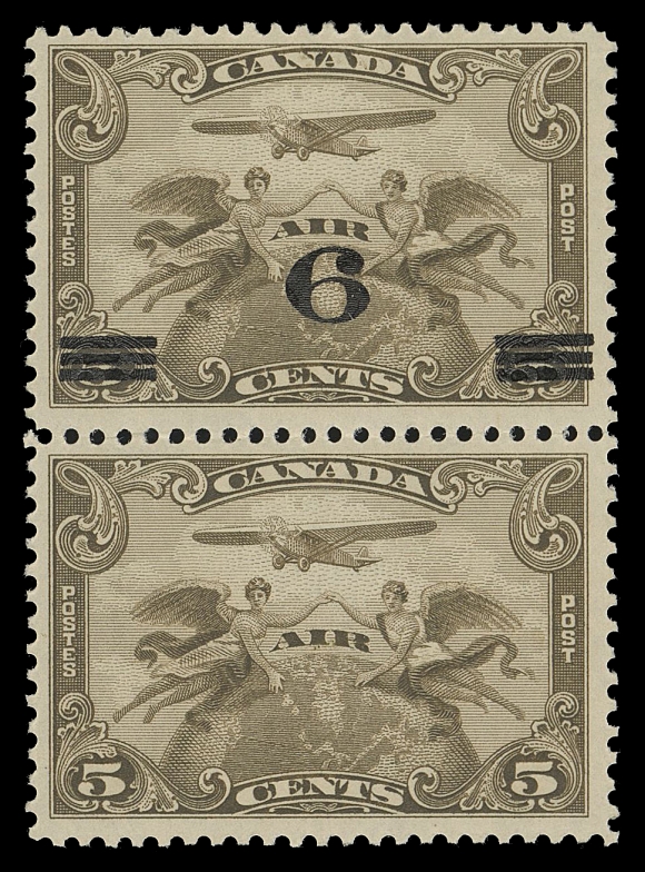 CANADA - 12 AIRMAILS  C3d,A vertical pair with and without surcharge in error, quite well centered. An elusive item, F-VF NH; 2015 Greene Foundation cert. 