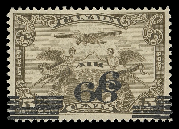 CANADA - 12 AIRMAILS  C3c,A mint single showing the triple surcharge error to dramatic effect, scarce, F-VF NH; 1996 Greene Foundation cert. 
