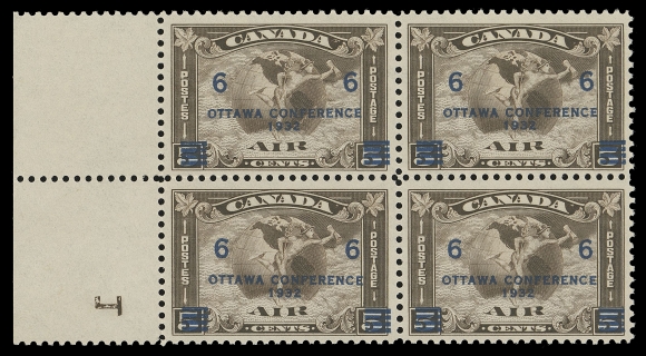 CANADA - 12 AIRMAILS  C4,A mint left margin plate number "1" (reversed) block, VF NH