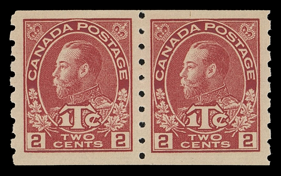 CANADA - 17 WAR TAX  MR6,A  selected mint coil pair with intact perforations and gorgeous colour, well centered; difficult to find in such choice condition, VF+ NH; 2012 Greene Foundation cert.