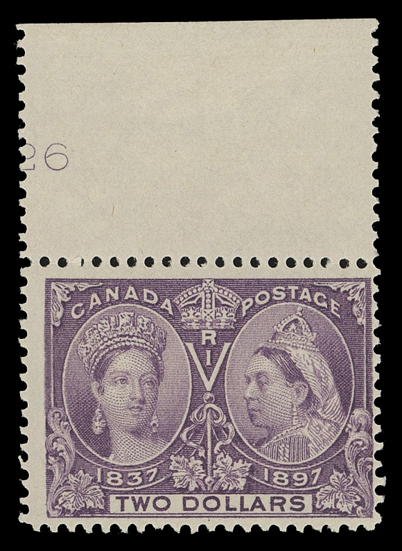CANADA -  6 1897-1902 VICTORIAN ISSUES  62,Sheet margin mint example with true rich colour, centered right but with plate number "26" at top and with full immaculate original gum, Fine NH