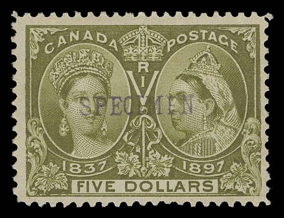 CANADA -  6 1897-1902 VICTORIAN ISSUES  59-65,The set of seven mint singles with SPECIMEN overprint, disturbed gum on $2 and $5, $3 without gum and a few short perfs, still a well-above average set of these difficult specimen overprints, F-VF (Unitrade cat. $3,900)The 20c stamp shows the Major Re-entry (Position 37).