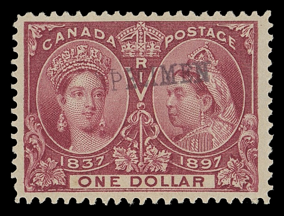 CANADA -  6 1897-1902 VICTORIAN ISSUES  59-65,The set of seven mint singles with SPECIMEN overprint, disturbed gum on $2 and $5, $3 without gum and a few short perfs, still a well-above average set of these difficult specimen overprints, F-VF (Unitrade cat. $3,900)The 20c stamp shows the Major Re-entry (Position 37).