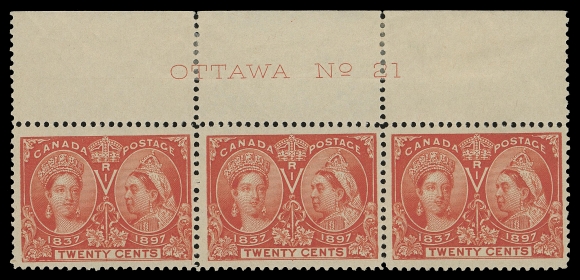 CANADA -  6 1897-1902 VICTORIAN ISSUES  59, 59i, iii,Two matching mint Plate 21 strips of three showing Re-entry (Position 2) on left stamp; former strip with variety NH, latter strip with variety and right stamp NH. Attractive and scarce plate multiples, F-VF (Unitrade cat. $4,675 as singles)