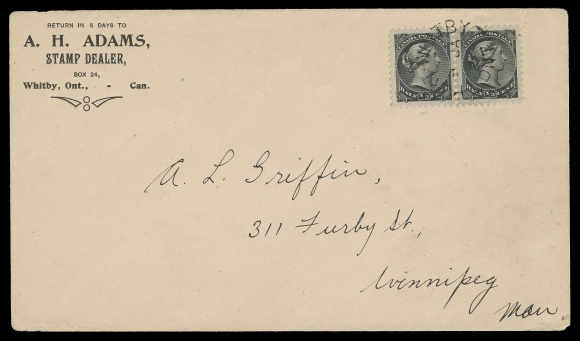 CANADA -  5 SMALL QUEEN  1897 (January 9) A.H. Adams, Stamp Dealer, Whitby, Ont. envelope in clean condition, pays a 1c unsealed circular rate to Winnipeg with a well centered pair of ½c black superbly tied by Port-Whitby split ring datestamp, XF (Unitrade 34)