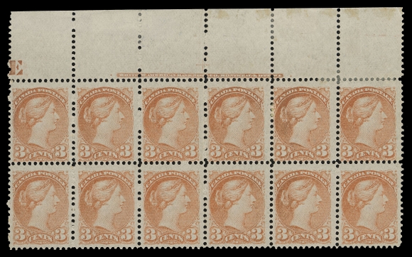 CANADA -  5 SMALL QUEEN  37,A very attractive mint plate block of twelve showing full BABN (Boggs Type IV) imprint at top, cross guidelines at centre, portion of counter at left, brilliant fresh colour; some perf separation confined to selvedge, hinged on top right pair leaving ten stamps NH. A scarce positional imprint multiple, F-VFProvenance: Bill Simpson, Part I, Maresch Sale 304, March 1996; Lot 129