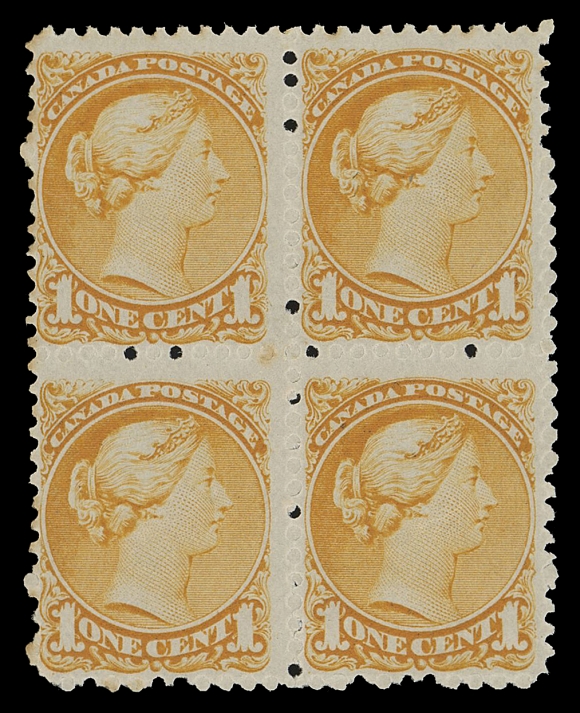 CANADA -  5 SMALL QUEEN  35ii,An appealing early printing mint block of four in an excellent state of preservation, characteristic uncleared perf discs, faint perf tones at left, full immaculate smooth white original gum, Fine NH