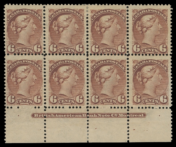 CANADA -  5 SMALL QUEEN  43,Lower margin plate block of eight showing complete BABN imprint (Boggs Type V), from "C" plate, overall disturbed gum and area of missing gum on lower right stamp, otherwise sound. An attractive plate multiple, F-VF; ex. Bill Simpson (Part I, March 1996; Lot 262)