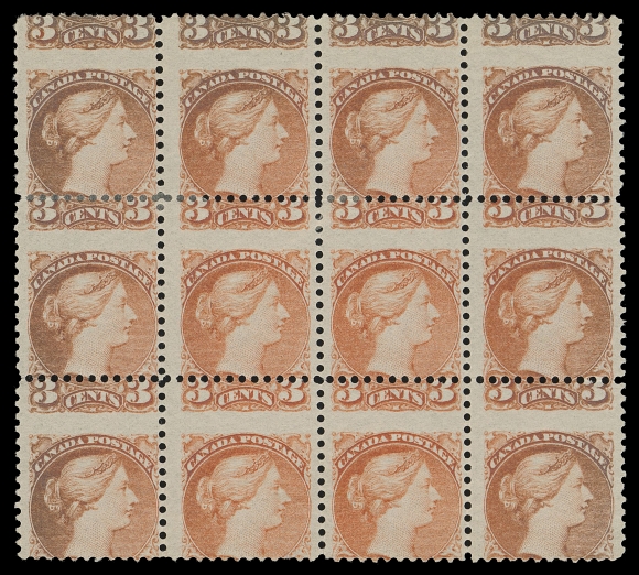 CANADA -  5 SMALL QUEEN  41 variety,A misperforated mint block of twelve (design of sixteen stamps  visible), shifted vertically to dramatic effect, colour somewhat  oxidized, mainly LH (three stamps NH), a spectacular block.