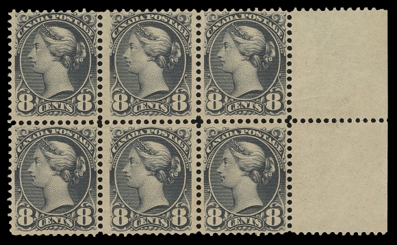 CANADA -  5 SMALL QUEEN  44,Right margin mint block of six in the true rich shade of the last printing, showing wide & narrow stamps resulting in lower centre stamp being particularly well centered with large margins; faint hinging on lower right stamp leaving five NH, F-VF; multiples  of the 8c larger than blocks of four are unusual. (Unitrade cat. $2,080)