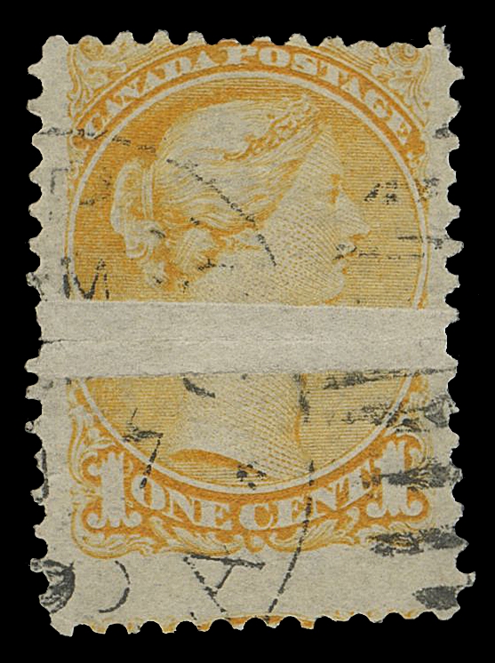 CANADA -  5 SMALL QUEEN  35 variety,Dramatic pre-printing paper fold, resulting in large void area when unfolded, tiny nick at left where fold started, light duplex cancel. A great item for the specialist and rarely seen decidedly broad. Fine