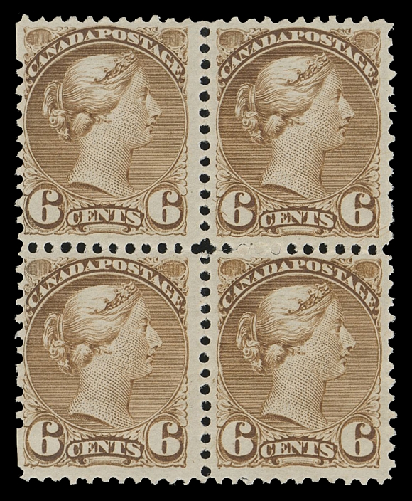CANADA -  5 SMALL QUEEN  39 variety,A remarkably fresh mint block in the early bright shade normally associated with the scarcer perf 11½x12, possessing unusually full, dull white streaky original gum, NEVER HINGED. A very scarce early perf 12 block, top right stamp very well centered. A wonderful item for the specialist, believed to be from the earliest Montreal printing of 1873, F-VF NH (Unitrade cat. as normal #39)