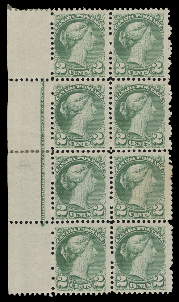 CANADA -  5 SMALL QUEEN  36e,An impressive mint left margin block of eight of the scarcer early perforation gauge, complete BABN imprint (Boggs Type IV), a few split perfs in margin strengthened by a hinge, adherence on right stamp in third row (lightly yellowed from front), otherwise bright fresh colour and unusually nice, dull, white streaky original gum, four stamps NEVER HINGED. A rare plate block of this elusive printing, F-VF (Unitrade cat. $12,100 as singles)Provenance: C.M. Jephcott (private sale)Bill Simpson, Part IV, Maresch Sale 317, March 1997; Lot 1191