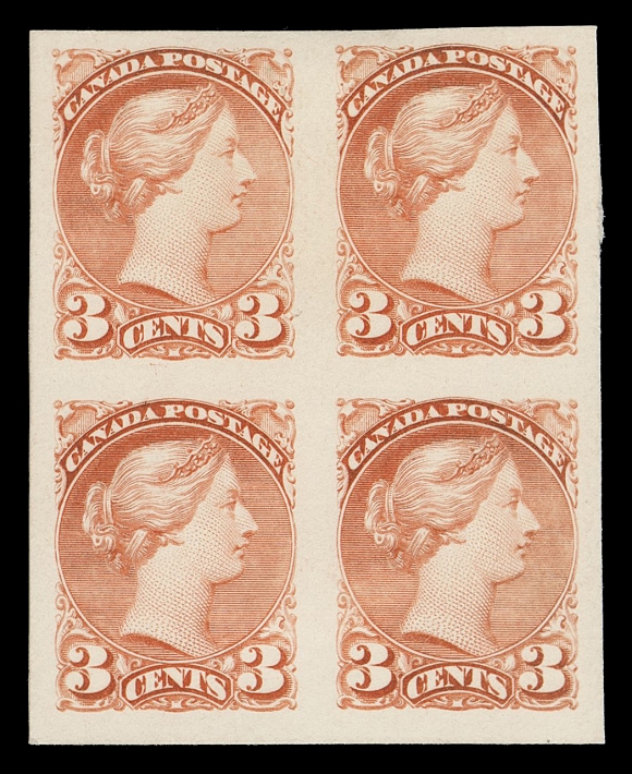 CANADA -  5 SMALL QUEEN  37 + variety,A superb plate proof block with exceptionally vivid colour on white card, noticeably large margins; rarely seen in a block, XFProvenance: Bill Simpson, Part III, Maresch Sale 313, October 1996; Lot 1444The lower right proof shows a Major Re-entry (unknown position) with prominent doubling in "NADA", remarkably and very distinctively in all letters of "POSTAGE" and to a lesser extent in "CENTS" and lower right "3". A wonderful block for the advanced collector.