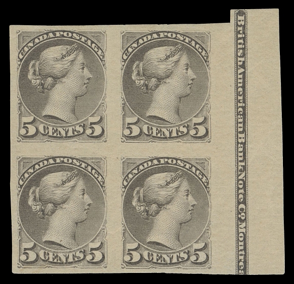 CANADA -  5 SMALL QUEEN  42a,A lovely mint imperforate block with nearly complete BABN imprint (Boggs Type V) at right, couple natural gum creases, negligible for this rare imprint block, VF OG (Unitrade cat. as two pairs only) ex. Bill Simpson (November 1980; Lot 438)