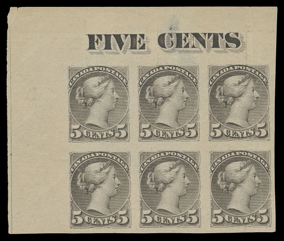 CANADA -  5 SMALL QUEEN  42a,Upper left mint imperforate block of six showing the "FIVE CENTS" counter imprint, vertical crease in right pair, thinning in top margin just touching pos. 2, full original gum lightly hinged, VF appearing and scarce. (Unitrade cat. $2,700 as three pairs)Provenance: C.M. Jephcott (private sale)Bill Simpson, Part I, Maresch Sale 304, March 1996; Lot 217