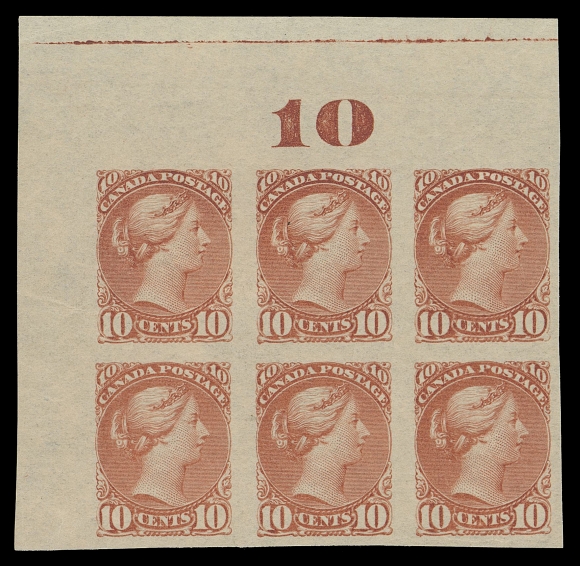 CANADA -  5 SMALL QUEEN  45c,An exceptionally fresh mint corner margin imperforate block of six with "10" counter at top, large margined, top left pair hinged, leaving other two NH. A scarce positional block with superb colour and of wonderful appeal, XF (Unitrade cat. as three pairs)