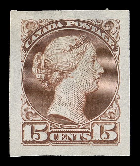 CANADA -  5 SMALL QUEEN  A fabulous quartet of Engraved Die Essays, each stamp size and printed in dark orange red, yellow green, dark bluish green and slate respectively, first three on india paper, the fourth essay on thin hard bond paper; all with a minor degree of faults, typical of these, and mainly visible from the back only. A great lot, VF appearance (Minuse & Pratt E-1)Expertization: 1989 Greene Foundation certificate for the dark orange red essay. STRIKING DIE ESSAYS OF THIS DENOMINATION, NEVER ISSUED AS THE FIFTEEN CENT LARGE QUEEN CONTINUED TO BE PRINTED WELL INTO THE 1890s.