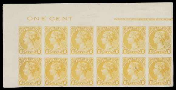 CANADA -  5 SMALL QUEEN  Canadian Bank Note Engraving & Printing Co. lithographed plate essay upper left block of twelve in bright yellow on white surfaced thick wove paper, nearly complete CBNE & PC imprint and full ONE CENT counter; natural inclusion on two, trifle thin in the margin. A marvelous plate imprint essay multiple ideal for exhibition, VFProvenance: Fred Jarrett, Sissons Sale 175, March 1960; Lot 32C.M. Jephcott (private sale)Bill Simpson, Part II, Maresch Sale 307, May 1996; Lot 267Literature: Illustrated in Hillson & Nixon "Canada