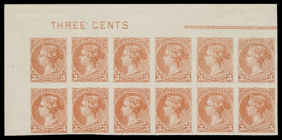 CANADA -  5 SMALL QUEEN  Canadian Bank Note Engraving & Printing Co. lithographed plate essay corner block of twelve from a sheet of 100, printed in a pale orange red shade on white surfaced wove paper, virtually complete CBNE & PC imprint and full THREE CENTS counter displayed in selvedge, couple corner crease touching bottom left essay. A rare and appealing multiple, VFProvenance: Fred Jarrett, Sissons Sale 175, March 1960; Lot 120C.M. Jephcott (private sale)Literature: Illustrated in Hillson & Nixon "Canada