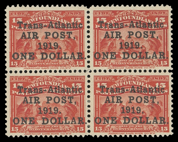 NEWFOUNDLAND -  7 AIRMAIL  C2,A very well centered mint hinged block of four, all four positions with period after "1919" and comma after "POST"; each with pencil Bolaffi guarantee on back, a fresh block in selected condition, VF H