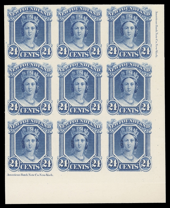 NEWFOUNDLAND -  2 CENTS  31P,Lower right corner margin plate proof block of nine in the issued colour on card mounted india paper, full ABNC plate imprint on two sides, VF (Cat. as singles only)
