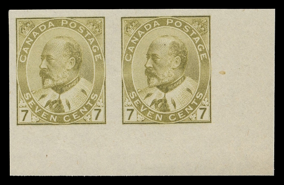 CANADA -  7 KING EDWARD VII  92a,A highly select mint corner margin imperforate pair, ungummed as issued, XF