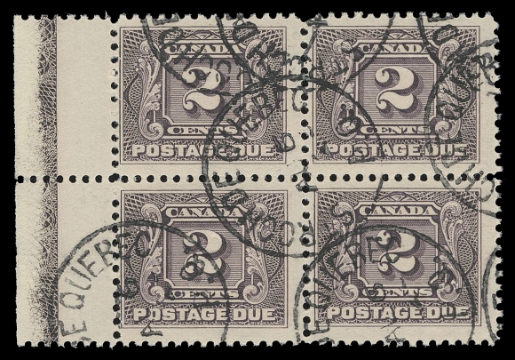 CANADA - 16 POSTAGE DUE  J2,A visually striking used block of four on medium wove paper showing the elusive Type D lathework (40% strength), neatly postmarked by St. Roch de Québec circular datestamps, Fine+ (Unitrade cat. $4,800)