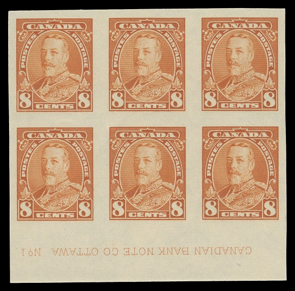 CANADA -  8 KING GEORGE V  222a,A fresh mint imperforate Plate 1 block of six from lower position, full white original gum. Very rare as only two others (likely from different positions) can exist, VF+ NH