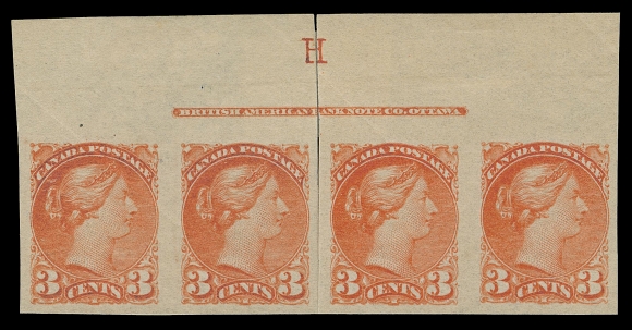 CANADA -  5 SMALL QUEEN  41b,A visually striking rejoined imperforate strip of four, full BABN plate imprint (Boggs Type VII with hand-punched "H" above, hinging mostly in the margin; a very rare plate positional piece ideal for exhibition, VFProvenance: Bill Simpson (Part II, May 1996; Lot 101 - originally offered as an irregular block of six)