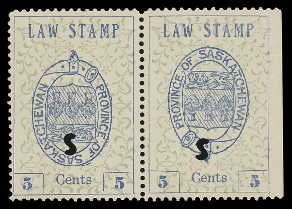 CANADA REVENUES (PROVINCIAL)  SL1a,A selected used positional pair, well centered and showing the Inverted Centre (Coat of Arms) on left stamp (Position 19), vertical crease does not detract; single-punch cancels "S" (Saskatoon). A rarely seen error se-tenant with a normal Law stamp, VF (Van Dam cat. $1,250+)
