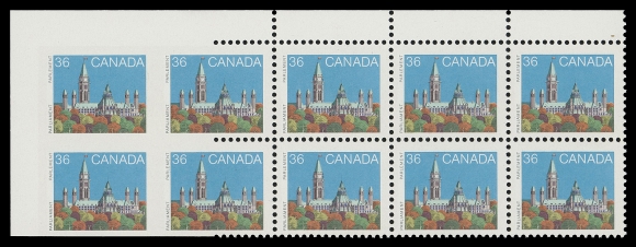 CANADA - 10 QUEEN ELIZABETH II  926Bf,Mint upper left blank (field stock; no imprint as issued) corner block of ten, left vertical pair imperforate, part imperforate on neighbouring pair. It is reported that only eight UL or LL positional corner blocks with left pair imperforate exist, VF NH