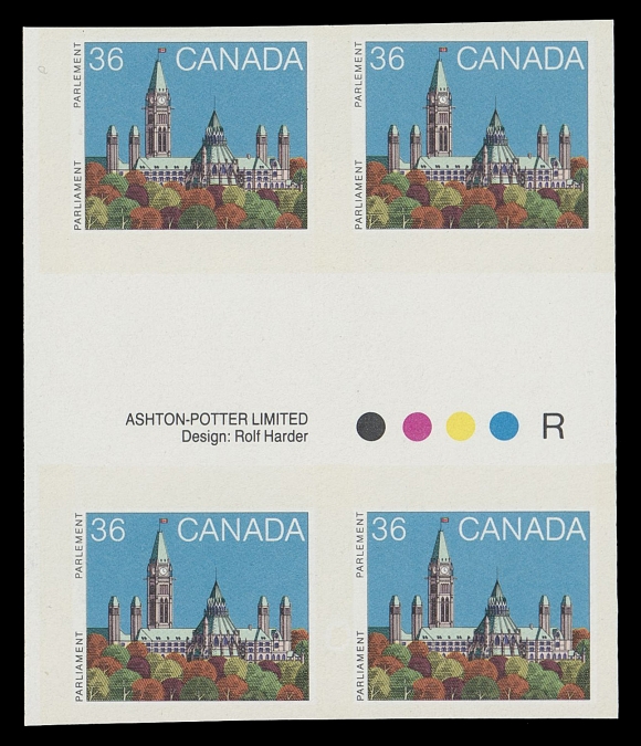 CANADA - 10 QUEEN ELIZABETH II  926Bg,A spectacular and very rare gutter margin imperforate block, displaying plate imprint and "traffic lights" between the two pairs horizontal pairs- originating from two adjacent booklet panes. A major imperforate error - the first one we recall offering, VF NH
