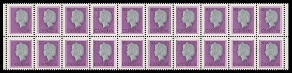 CANADA - 10 QUEEN ELIZABETH II  791a variety,Mint strip of twenty with black (engraving) partly omitted on left pair, scarce, VF NH; includes K. Bileski notes (see Unitrade footnote)