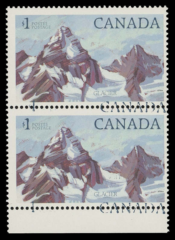 CANADA - 10 QUEEN ELIZABETH II  934v,Mint pair with sheet margin at foot, the DOUBLE INSCRIPTIONS error plainly visible, much scarcer than what catalogue values indicate, F-VF NH