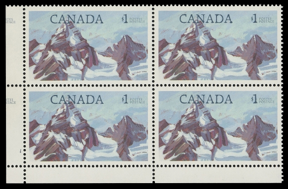 CANADA - 10 QUEEN ELIZABETH II  934iv variety,Lower left blank (field stock) corner block with major shift of blue engraved inscriptions (15mm to left) resulting in the denomination being at right (instead of left as on normal stamp), very attractive, VF NH