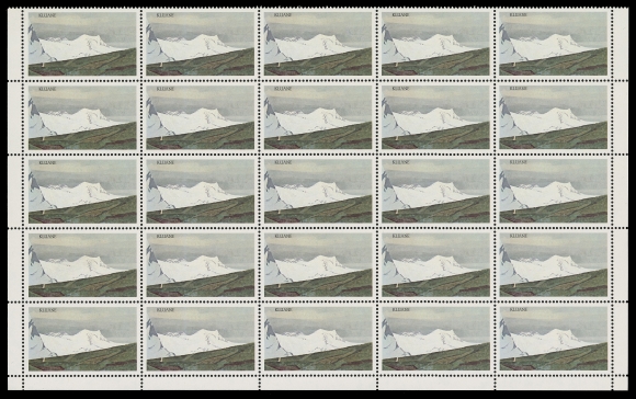 CANADA - 10 QUEEN ELIZABETH II  727a,An extraordinary block of 25 stamps - the lower half of the sheet, with blank sheet margins (no imprint from field stock), with engraved SILVER INSCRIPTIONS OMITTED in error. In excellent state of preservation and very well centered; a fabulous Missing Colour error showpiece, VF NH

As far as we know, no larger block exists. We have only seen two other blocks of 25; one of which from Mount Royal Collection (May 2008; Lot 2458) and is noticeably off center.