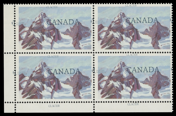CANADA - 10 QUEEN ELIZABETH II  934 variety,Lower left corner block from field stock (blank; no imprint as issued) with a dramatic shift of the blue engraved inscriptions (7mm down and 5mm to left), a rare and appealing variety, VF NH