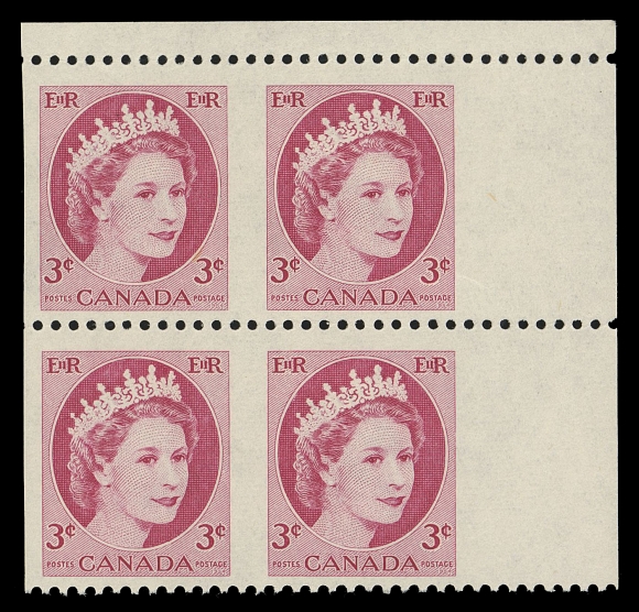 CANADA - 10 QUEEN ELIZABETH II  339a,An impressive mint upper right corner margin block IMPERFORATE VERTICALLY, hint of printing ink offset on gum and negligible gum bend in right margin; a UNIQUE positional block from the sole sheet found, VF NH