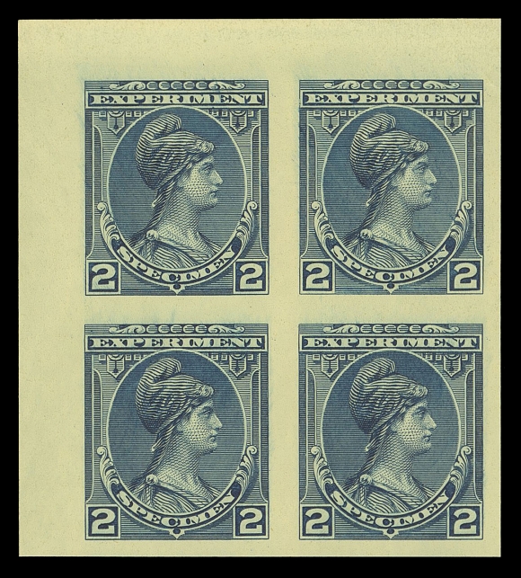 CANADA - 10 QUEEN ELIZABETH II  Lot of four matching upper left corner blocks - four different on three different coloured papers and three different coloured inks, three are surfaced gummed. Seldom seen specimens, engraved by the Canadian Bank Note Co. to show papers, colours and engraving they were able to furnish and for testing purpose, VF