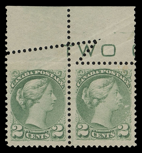 CANADA -  5 SMALL QUEEN  36i var.,A mint top margin pair displaying a major misperforation from a paper fold prior to gumming, void gummed area is visible from back, highly unusual.
