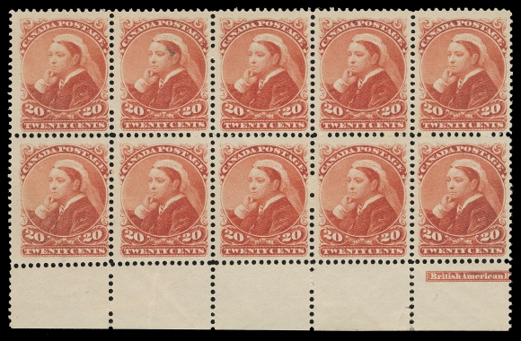 CANADA -  5 SMALL QUEEN  46,Lower margin mint block of ten with unusually rich post office colour on, showing left portion of BABN imprint (Boggs Type V) at right, lower centre stamp LH, natural bend on another, full original gum with nine stamps never hinged; visually striking and F-VF (Unitrade cat. $13,450 as singles)