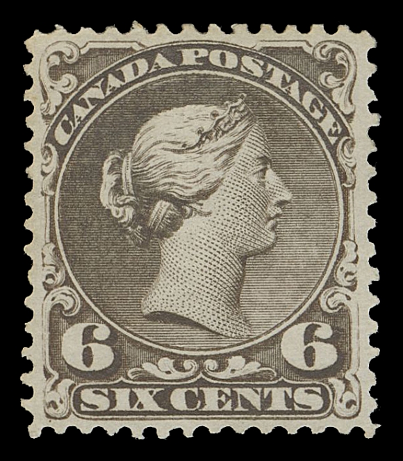 CANADA -  4 LARGE QUEEN  27,An extremely well centered mint single of this challenging stamp displaying well balanced margins and rich colour, large hinge remnant but showing a clean portion of its white original gum. A superior mint example, XF OG; 1993 Peter Holcombe cert.