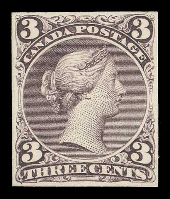 CANADA -  4 LARGE QUEEN  25,Trial colour plate proof printed in dark purple on white card, small even margins all around; striking and elusive, VF (Minuse & Pratt 25TC4)