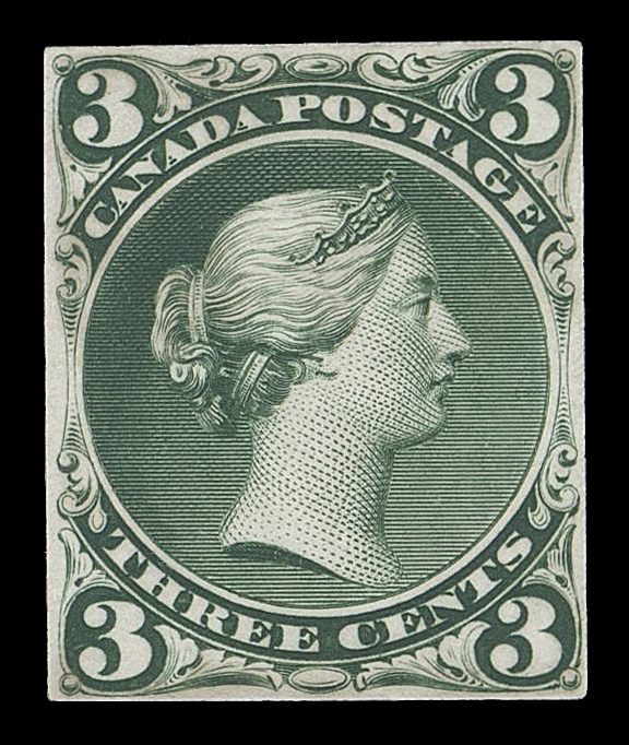 CANADA -  4 LARGE QUEEN  25,An extraordinary engraved British American Bank Note Die Essay printed in a beautiful shade of dark green, stamp size on india paper. The lower corner numerals and "THREE CENTS" ornamental imprint are in a different format than the issued stamp; small clear margins and negligible mounting marks - traits observed on two other examples we have had the pleasure to offer in the past, Fine. A very rare Large Queen essay produced by the same printer as the issued stamp. (Minuse & Pratt 25E-Ba)