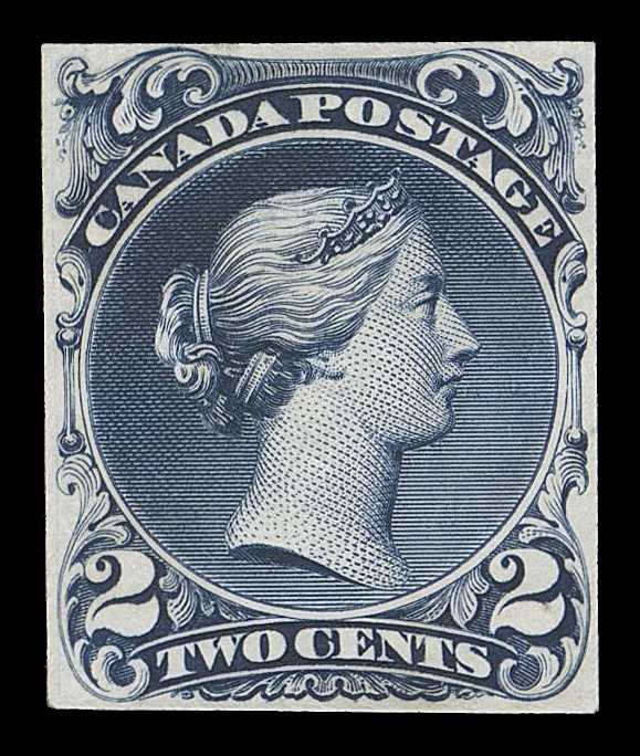 CANADA -  4 LARGE QUEEN  24,Trial Colour Die Proof, engraved and printed in rich deep blue (indigo), just clear to small margins and trivial mounting marks. Exceptional colour and impression on the distinctive india paper, Fine; a beautiful coloured proof of great rarity. (Minuse & Pratt 24TC2a)