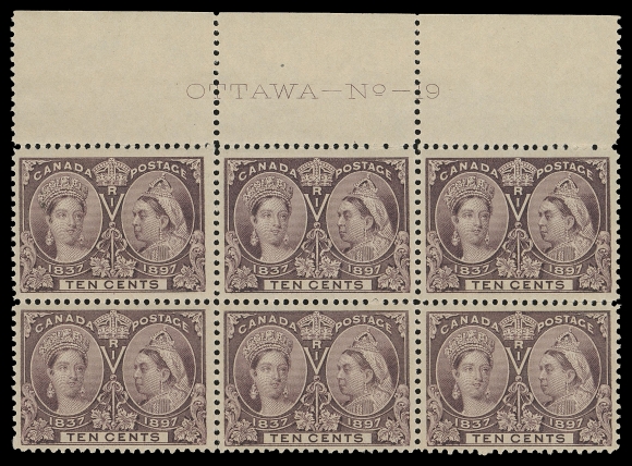CANADA -  6 1897-1902 VICTORIAN ISSUES  57, 57i,An unusually choice mint Plate 19 block of six, shows the constant Re-entry (Position 3) on top centre stamp; negligible gum bends on two stamps, a very seldom seen plate multiple especially in such nice condition, VF NH; clear 1997 Greene Foundation cert. (Unitrade cat. $4,650 as singles)
